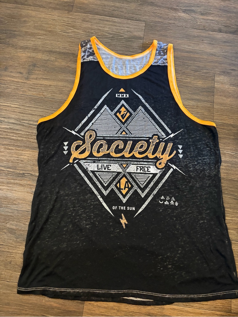 Society of the Sun"  Men’s Orange & Black Graphic Burnout Tank Top Size Small